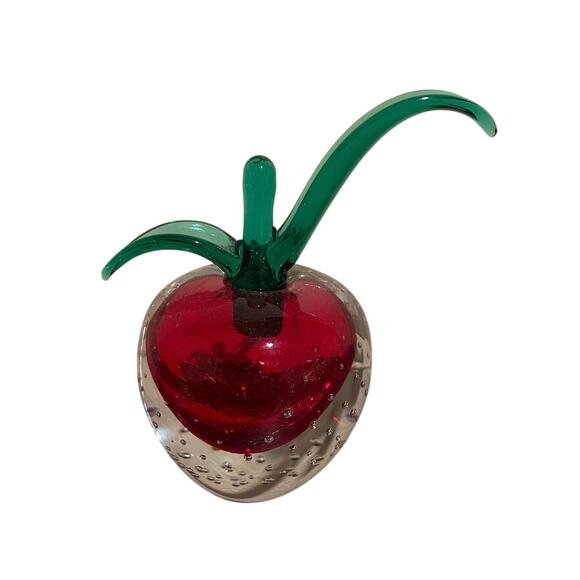 Vintage Apple Glass Paperweight Long Green Leaf Stem Fruit - Picture 1 of 1